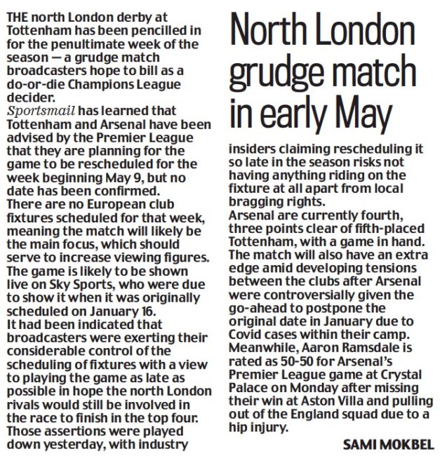 Daily Mail 31 March 2022 North London Derby rescheduled