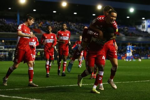 Folarin Balogun being mobbed by teammates after a goal for Middlesbrough (Photo via Middlesbrough on Instagram)