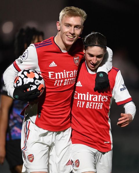 Mika Biereth celebrates a goal with Marcelo Flores (Photo via Arsenal Academy on Instagram)