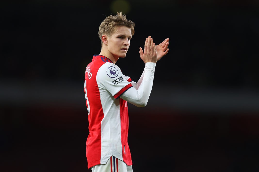 LONDON, ENGLAND - MARCH 13: Martin Odegaard of Arsenal celebrates victory following the Premier League match between Arsenal and Leicester City at Emirates Stadium on March 13, 2022 in London, England. (Photo by Catherine Ivill/Getty Images)