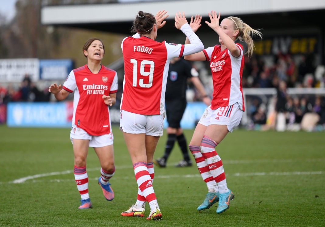 BOREHAMWOOD, ENGLAND - MARCH 06: Caitlin Foord of Arsenal Women celebrates their sides fourth goal with team mate Beth Mead during the Barclays FA Women's Super League match between Arsenal Women and Birmingham City Women at Meadow Park on March 06, 2022 in Borehamwood, England. (Photo by Justin Setterfield/Getty Images)