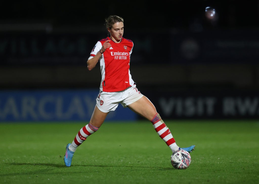 BOREHAMWOOD, ENGLAND: Vivianne Miedema of Arsenal during the Vitality Women's FA Cup Quarter Final match between Arsenal Women and Coventry United Ladies at Meadow Park on March 18, 2022. (Photo by Catherine Ivill/Getty Images)