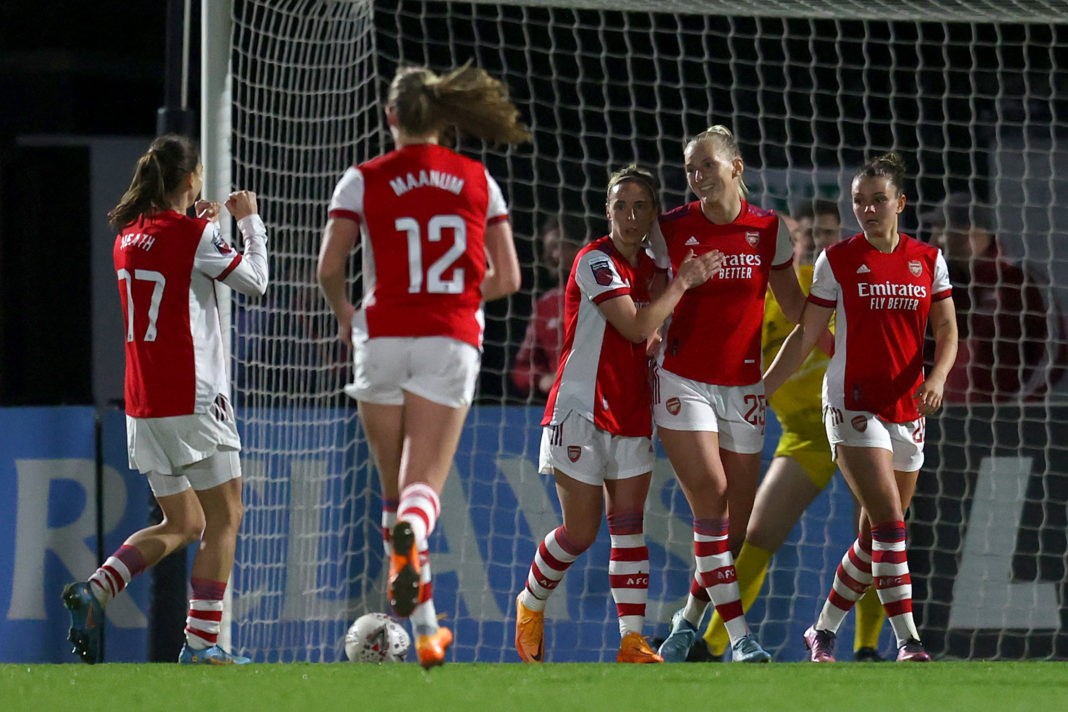 BOREHAMWOOD, ENGLAND: Stina Blackstenius of Arsenal celebrates after scoring their side's first goal with Jordan Nobbs during the Vitality Women's FA Cup Quarter Final match between Arsenal Women and Coventry United Ladies at Meadow Park on March 18, 2022. (Photo by Catherine Ivill/Getty Images)