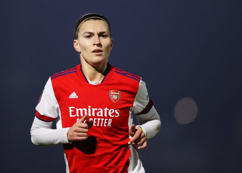 BOREHAMWOOD, ENGLAND - MARCH 02: Steph Catley of Arsenal looks on during the Barclays FA Women's Super League match between Arsenal Women and Reading Women at Meadow Park on March 02, 2022 in Borehamwood, England. (Photo by James Chance/Getty Images)