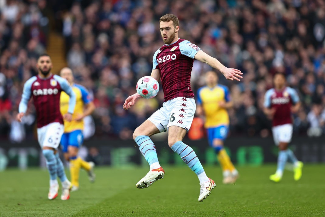 BIRMINGHAM, ENGLAND - MARCH 05: Calum Chambers of Aston Villa during the Premier League match between Aston Villa and Southampton at Villa Park on March 5, 2022 in Birmingham, United Kingdom. (Photo by Marc Atkins/Getty Images)