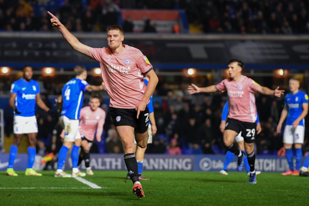 BIRMINGHAM, ENGLAND: Mark McGuinness of Cardiff City celebrates after scoring his team's second goal during the Sky Bet Championship match between Birmingham City and Cardiff City at St Andrew's Trillion Trophy Stadium on December 11, 2021. (Photo by Tony Marshall/Getty Pictures)