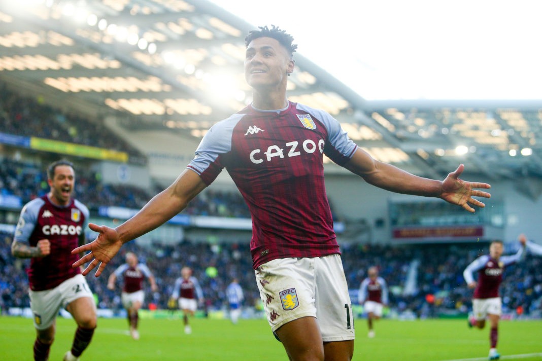 BRIGHTON, ENGLAND: Ollie Watkins of Aston Villa celebrates after scoring their team's second goal during the Premier League match between Brighton & Hove Albion and Aston Villa at American Express Community Stadium on February 26, 2022. (Photo by Charlie Crowhurst / Getty Images)
