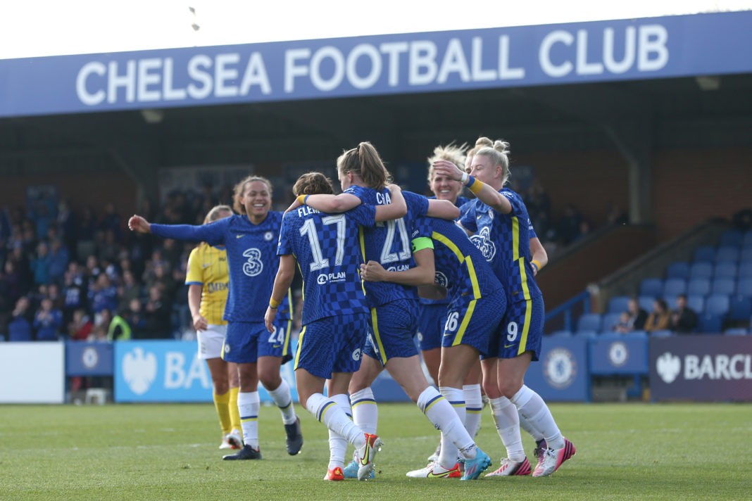 KINGSTON UPON THAMES, ENGLAND - MARCH 20: Niamh Charles of Chelsea celebrates with teammates after scoring their team's fourth goal during the Vitality Women's FA Cup Quarter Final match between Chelsea Women and Birmingham City Women at Kingsmeadow on March 20, 2022 in Kingston upon Thames, England. (Photo by Henry Browne/Getty Images)