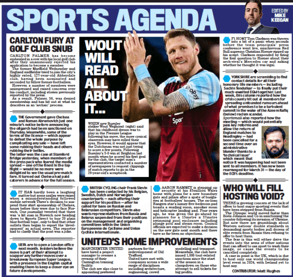 Daily Mail Sports Agenda, Monday 14 March 2022