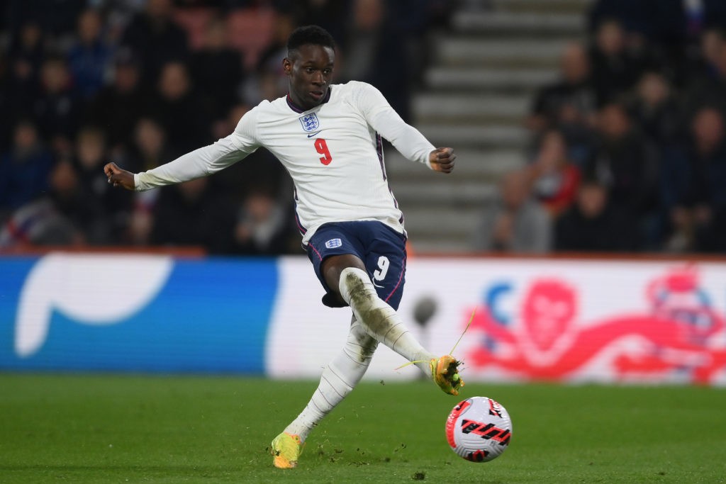 BOURNEMOUTH, ENGLAND - MARCH 25: Folarin Balogun of England shoots during the UEFA European Under-21 Championship Qualifier match between England U21 and Andorra U21 on March 25, 2022 in Bournemouth, England. (Photo by Mike Hewitt/Getty Images)