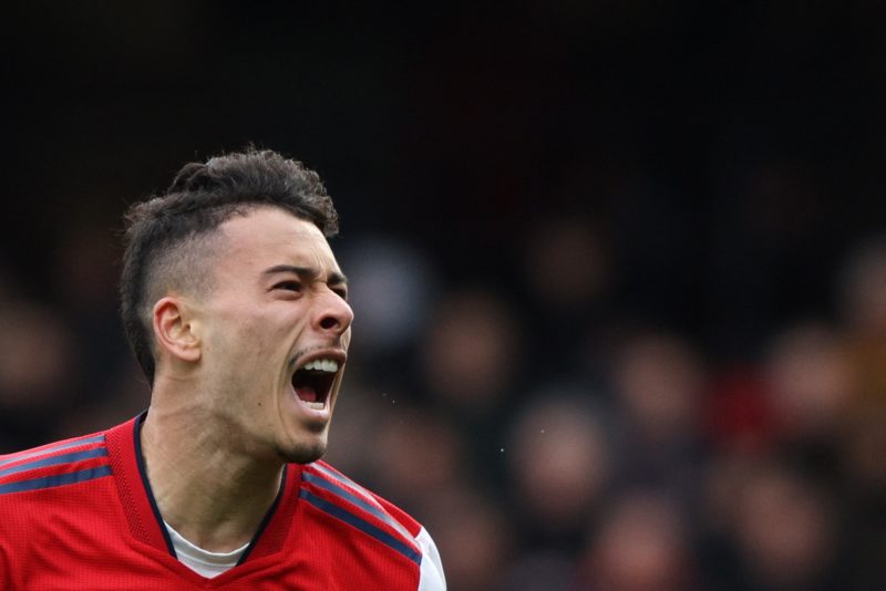 Arsenal's Brazilian striker Gabriel Martinelli celebrates after scoring his team third goal during the English Premier League football match between Watford and Arsenal at Vicarage Road Stadium in Watford, north-west of London on March 6, 2022.(Photo by ADRIAN DENNIS/AFP via Getty Images)