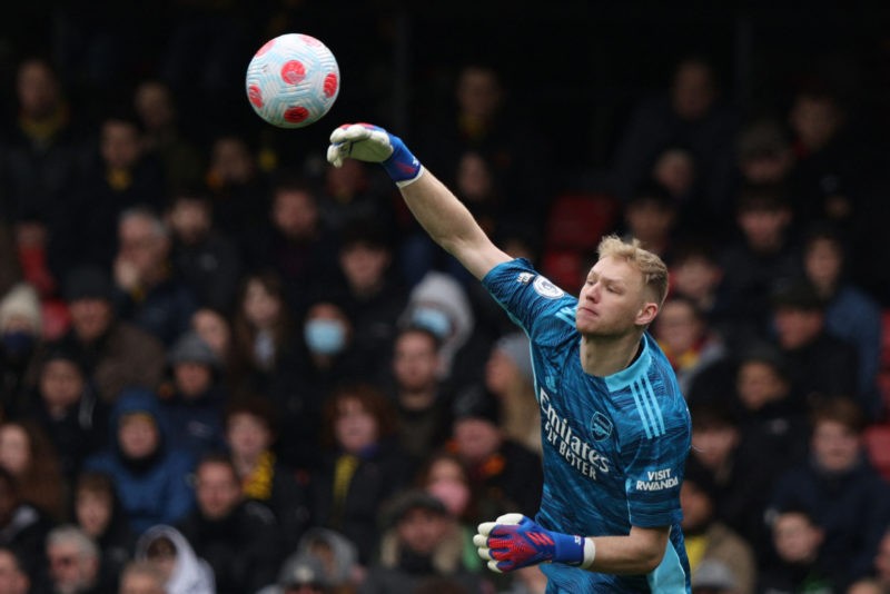 Arsenal's English goalkeeper Aaron Ramsdale throws the ball during the English Premier League football match between Watford and Arsenal at Vicarage Road Stadium in Watford, north-west of London on March 6, 2022. (Photo by ADRIAN DENNIS/AFP via Getty Images)