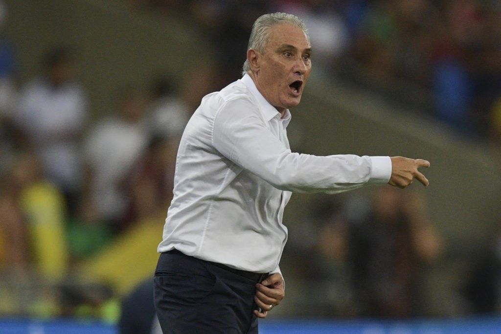 Brazil's coach Tite gestures during the South American qualification football match for the FIFA World Cup Qatar 2022 between Brazil and Chile at Maracana Stadium in Rio de Janeiro, Brazil, on March 24, 2022. (Photo by CARL DE SOUZA/AFP via Getty Images)