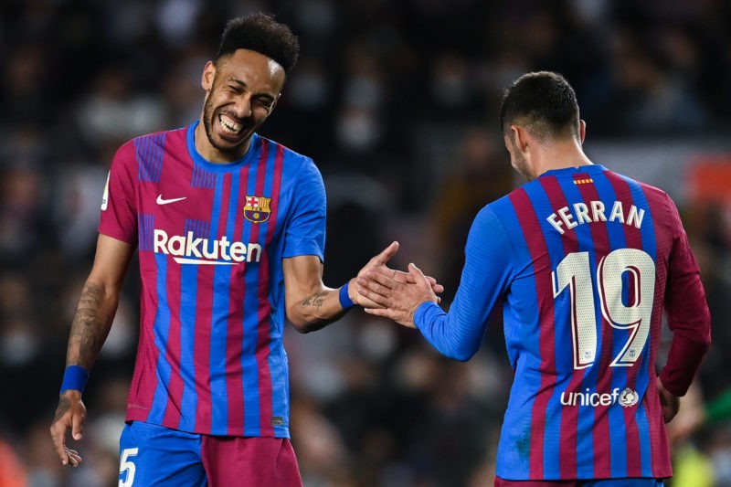 BARCELONA, SPAIN - MARCH 13: Pierre-Emerick Emiliano François Aubameyang and Ferran Torres of FC Barcelona shake hands during the LaLiga Santander match between FC Barcelona and CA Osasuna at Camp Nou on March 13, 2022 in Barcelona, Spain. (Photo by David Ramos/Getty Images)