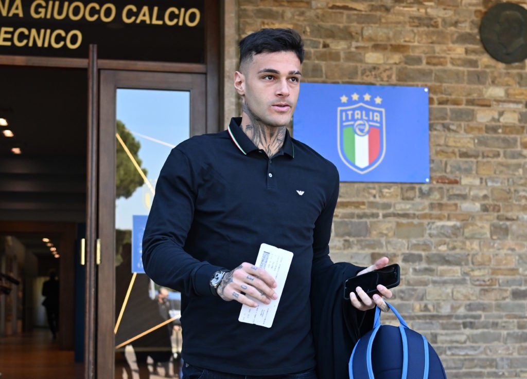 PALERMO, ITALY - MARCH 23: Gianluca Scamacca of Italy departs to Palermo on March 23, 2022 in Palermo, Italy. (Photo by Claudio Villa/Getty Images)