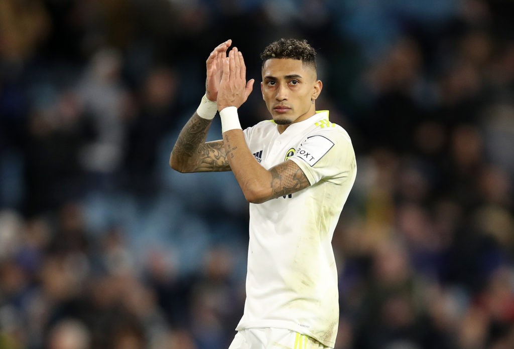 LEEDS, ENGLAND: Raphinha of Leeds United applauds the fans after their team lost in the Premier League match between Leeds United and Newcastle United at Elland Road on January 22, 2022. (Photo by George Wood/Getty Images)