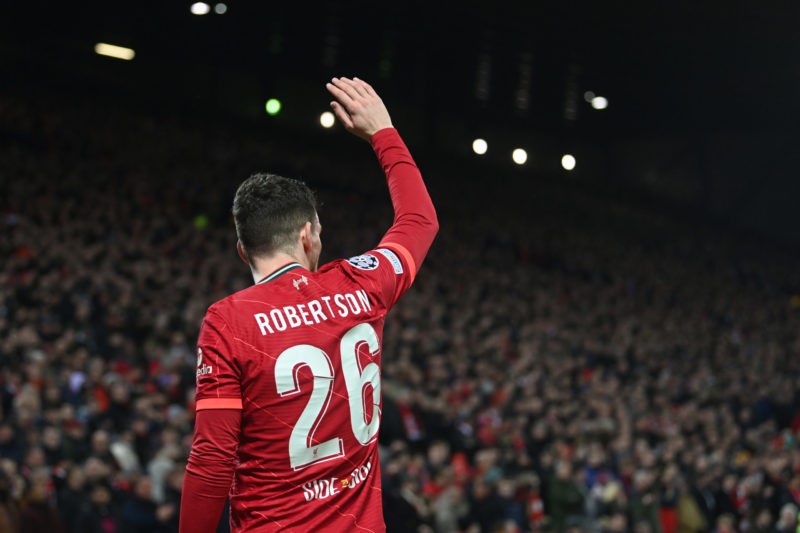 LIVERPOOL, ENGLAND - MARCH 08: Andrew Robertson of Liverpool signals before a corner kick during the UEFA Champions League Round Of Sixteen Leg Two match between Liverpool FC and FC Internazionale at Anfield on March 08, 2022 in Liverpool, England. (Photo by Michael Regan/Getty Images)