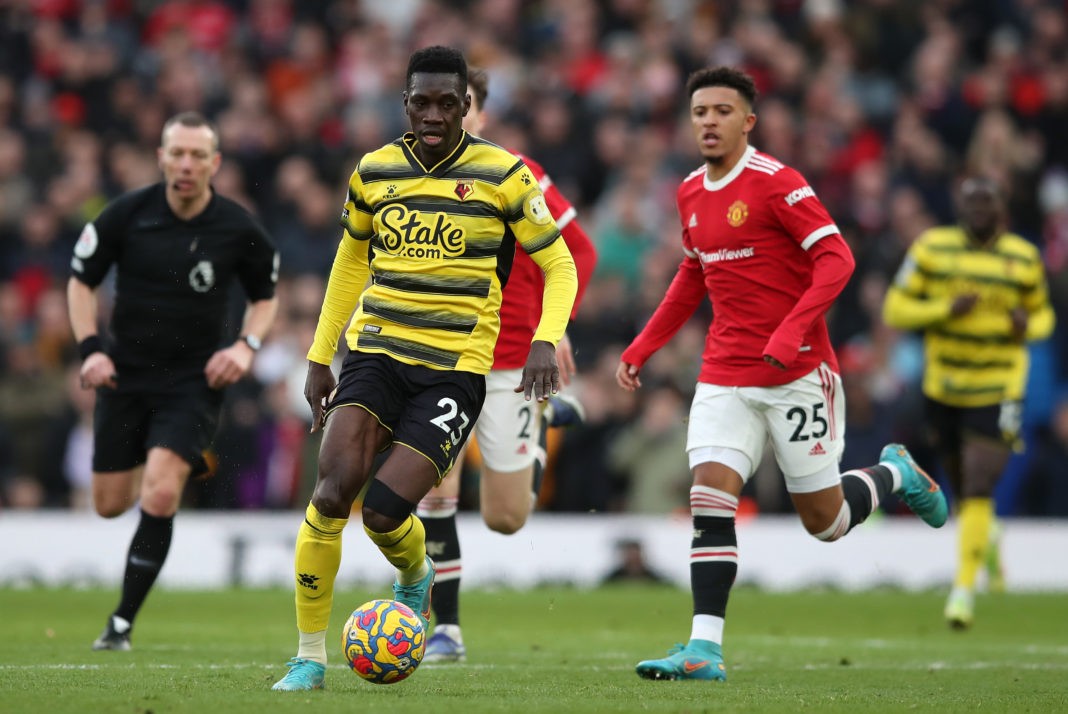 MANCHESTER, ENGLAND: Ismaila Sarr of Watford controls the ball during the Premier League match between Manchester United and Watford at Old Trafford on February 26, 2022. (Photo by Jan Kruger / Getty Images)