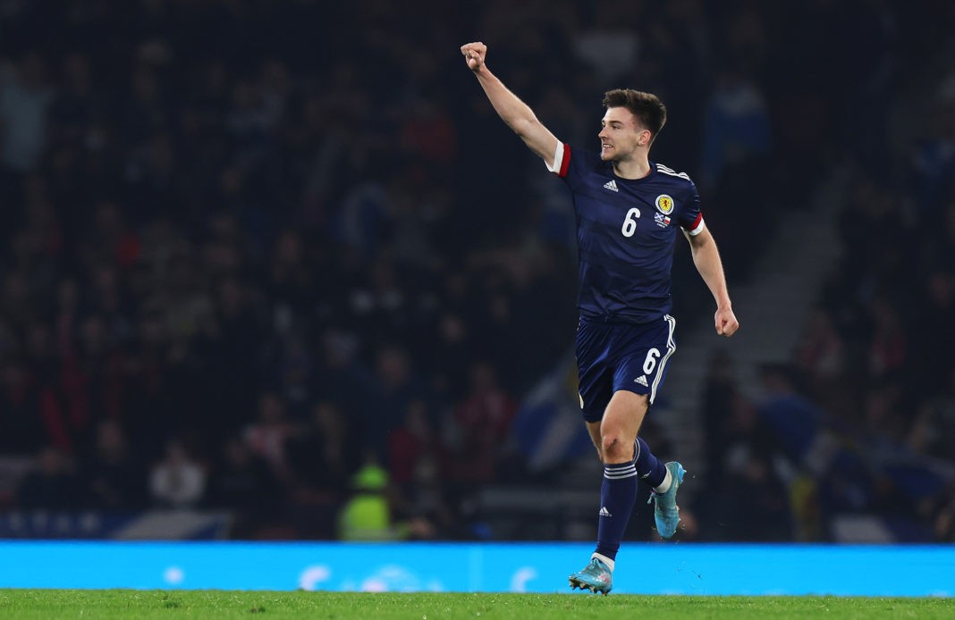GLASGOW, SCOTLAND: Kieran Tierney of Scotland celebrates after scoring their side's first goal during the international friendly match between Scotland and Poland at Hampden Park on March 24, 2022. (Photo by Ian MacNicol/Getty Images)