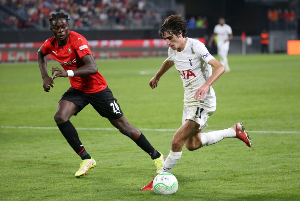 RENNES, FRANCE: Bryan Gil of Tottenham Hotspur battles for possession with Lesley Ugochukwu of Rennes during the UEFA Europa Conference League group G match between Stade Rennes and Tottenham Hotspur at Roazhon Park on September 16, 2021. (Photo by John Berry/Getty Images)