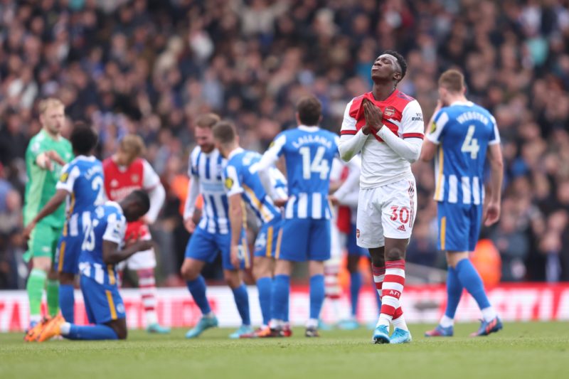 LONDON, ENGLAND - APRIL 09: Eddie Nketiah of Arsenal looks on during the Premier League match between Arsenal and Brighton & Hove Albion at Emirates Stadium on April 09, 2022 in London, England. (Photo by Warren Little/Getty Images)