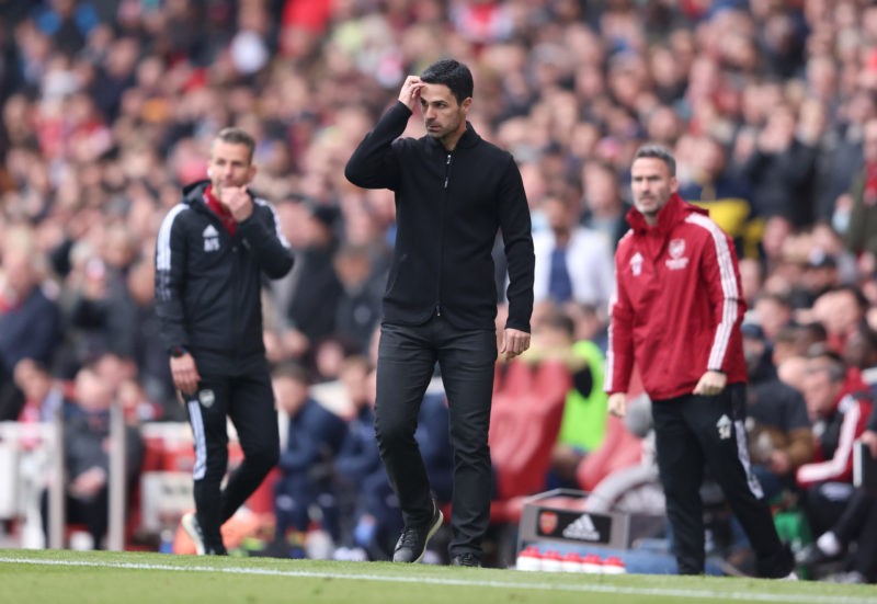 LONDON, ENGLAND - APRIL 09: Mikel Arteta, Manager of Arsenal looks on during the Premier League match between Arsenal and Brighton & Hove Albion at Emirates Stadium on April 09, 2022 in London, England. (Photo by Warren Little/Getty Images)