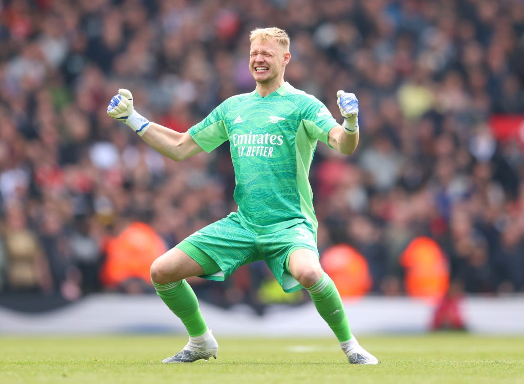 LONDON, ENGLAND - APRIL 23: Aaron Ramsdale celebrates after teammate Bukayo Saka of Arsenal (not pictured) scored their sides second goal from the penalty spot during the Premier League match between Arsenal and Manchester United at Emirates Stadium on April 23, 2022 in London, England. (Photo by Catherine Ivill/Getty Images)