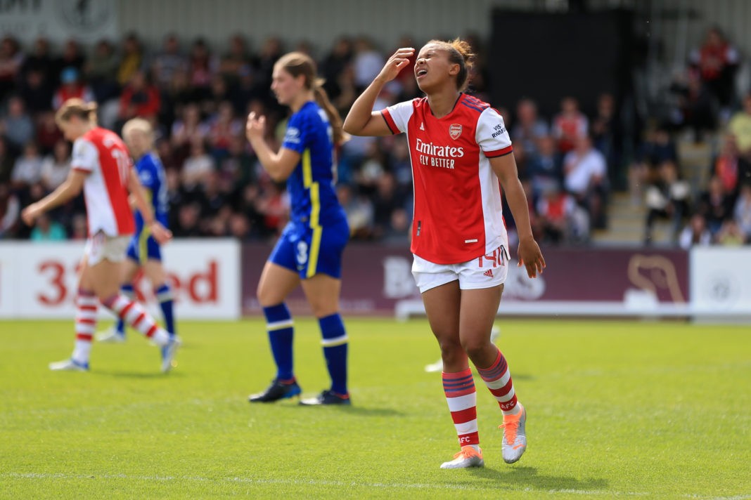 BOREHAMWOOD, ENGLAND - APRIL 17: Nikita Parris of Arsenal reacts after a missed chance during the Vitality Women's FA Cup Semi Final match between Arsenal Women and Chelsea Women at Meadow Park on April 17, 2022 in Borehamwood, England. (Photo by Stephen Pond/Getty Images)
