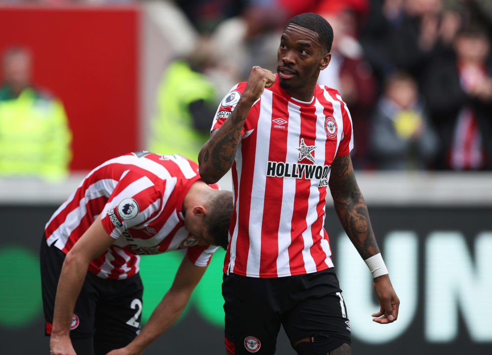 BRENTFORD, ENGLAND: Ivan Toney of Brentford celebrates after scoring their side's second goal during the Premier League match between Brentford and West Ham United at Brentford Community Stadium on April 10, 2022. (Photo by Eddie Keogh/Getty Images)