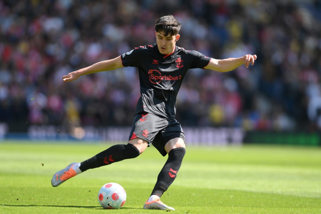 BRIGHTON, ENGLAND: Tino Livramento of Southampton shoots during the Premier League match between Brighton & Hove Albion and Southampton at American Express Community Stadium on April 24, 2022. (Photo by Mike Hewitt/Getty Images)