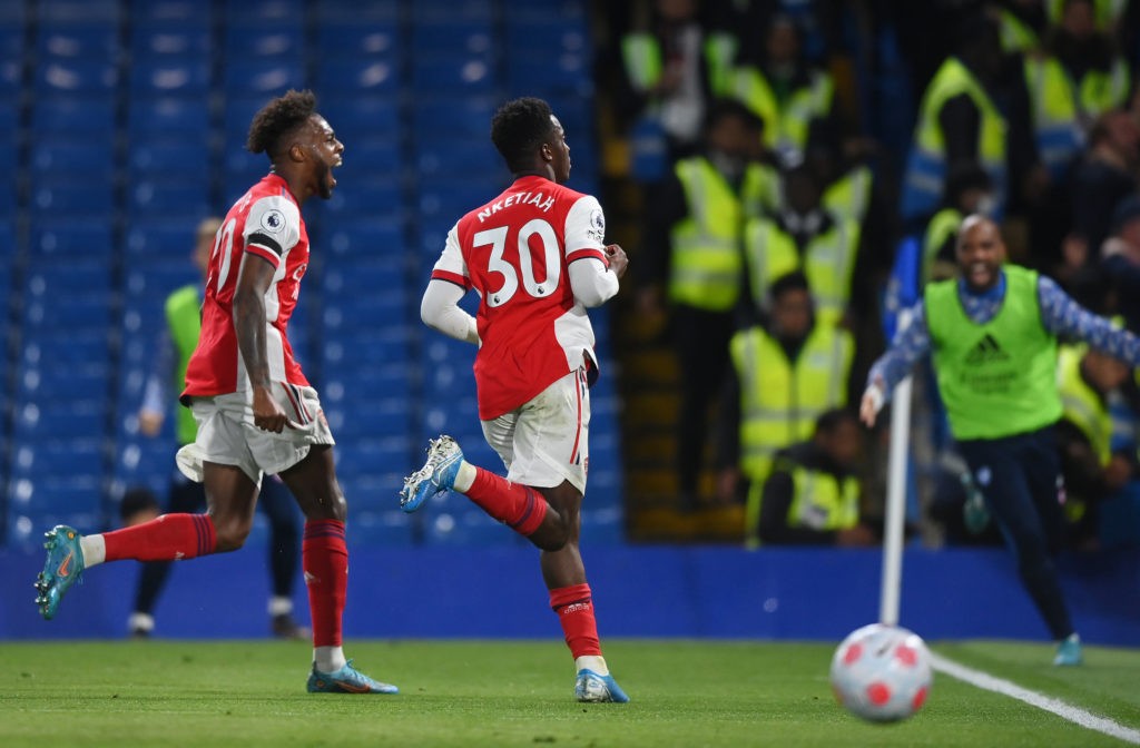 LONDON, ENGLAND: Eddie Nketiah of Arsenal celebrates after scoring their team's third goal during the Premier League match between Chelsea and Arsenal at Stamford Bridge on April 20, 2022. (Photo by Justin Setterfield/Getty Images)
