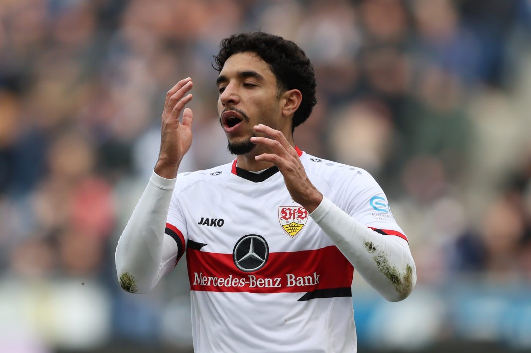 BIELEFELD, GERMANY - APRIL 02: Omar Marmoush of VfB Stuttgart reacts to a missed chance during the Bundesliga match between DSC Arminia Bielefeld and VfB Stuttgart at Schueco Arena on April 02, 2022 in Bielefeld, Germany. (Photo by Martin Rose/Getty Images)