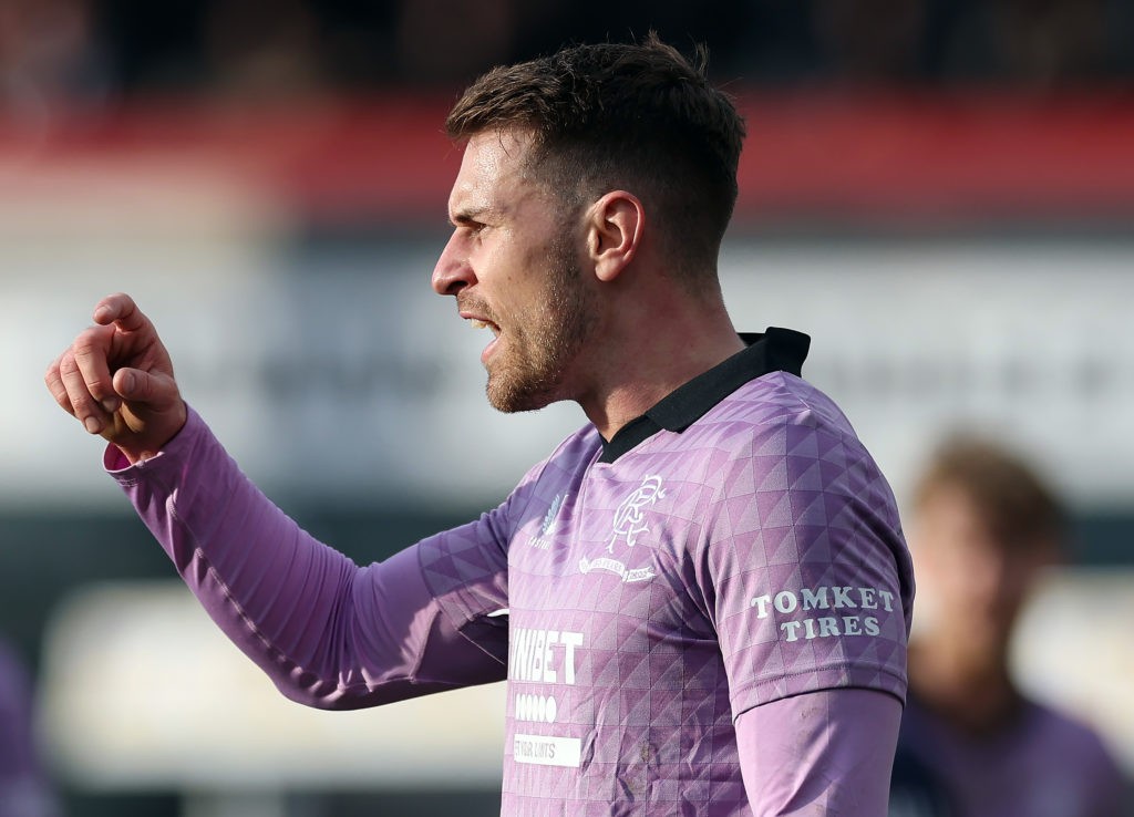 DUNDEE, SCOTLAND - MARCH 13: Aaron Ramsey of Rangers gesturesl during the Scottish Cup Sixth Round match between Dundee FC and Rangers FC at Dens Park Stadium on March 13, 2022 in Dundee, Scotland. (Photo by Ian MacNicol/Getty Images)