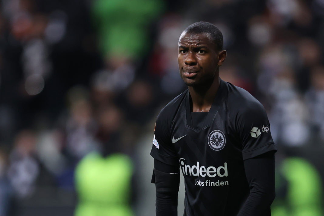 FRANKFURT AM MAIN, GERMANY - MARCH 17: Evan N'Dicka of Frankfurt reacts during the UEFA Europa League Round of 16 Leg Two match between Eintracht Frankfurt and Real Betis at Football Arena Frankfurt on March 17, 2022 in Frankfurt am Main, Germany. (Photo by Alex Grimm/Getty Images)