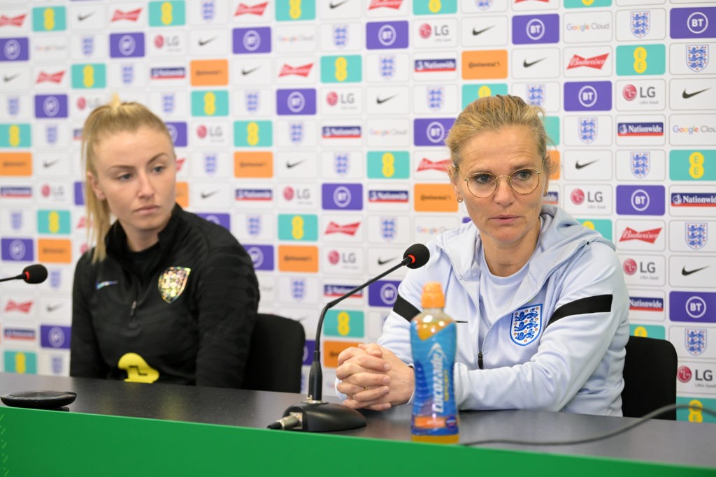 BELFAST, NORTHERN IRELAND - APRIL 11: Sarina Wiegman, Manager of England (R) and Leah Williamson of England look on during a press conference ahead of their 2023 FIFA Women's World Cup qualifier match against Northern Ireland at Windsor Park on April 11, 2022 in Belfast, Northern Ireland. (Photo by Charles McQuillan/Getty Images)BELFAST, NORTHERN IRELAND - APRIL 11: Sarina Wiegman, Manager of England (R) and Leah Williamson of England look on during a press conference ahead of their 2023 FIFA Women's World Cup qualifier match against Northern Ireland at Windsor Park on April 11, 2022 in Belfast, Northern Ireland. (Photo by Charles McQuillan/Getty Images)