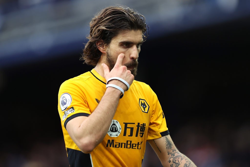 LIVERPOOL, ENGLAND - MARCH 13: Ruben Neves of Wolverhampton Wanderers reacts at half time during the Premier League match between Everton and Wolverhampton Wanderers at Goodison Park on March 13, 2022 in Liverpool, England. (Photo by Naomi Baker/Getty Images)