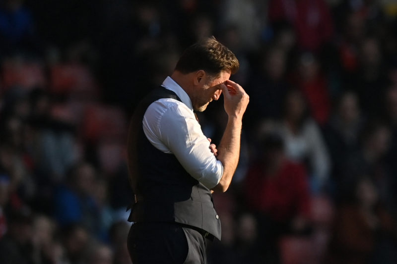 Southampton's Austrian manager Ralph Hasenhuttl reacts during the English FA cup quarter-final football match between Southampton and Manchester City at St Mary's Stadium in Southampton, Southern England on March 20, 2022. -(Photo by GLYN KIRK/AFP via Getty Images)