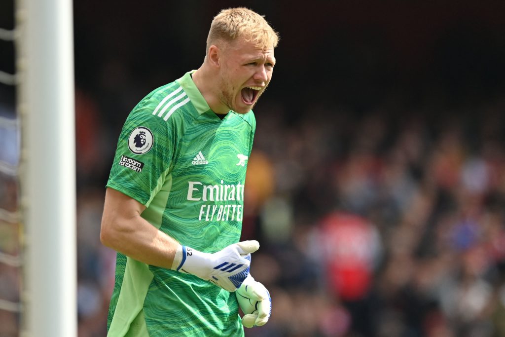 Arsenal's English goalkeeper Aaron Ramsdale gestures during the English Premier League football match between Arsenal and Manchester United at the Emirates Stadium in London on April 23, 2022.(Photo by GLYN KIRK/AFP via Getty Images)