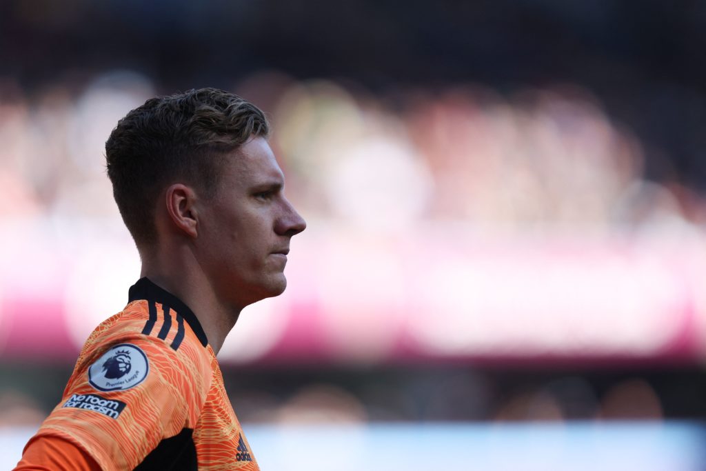 Arsenal's German goalkeeper Bernd Leno stands on the pitch during the English Premier League football match between Aston Villa and Arsenal at Villa Park in Birmingham, central England, on March 19, 2022. (Photo by ADRIAN DENNIS/AFP via Getty Images)