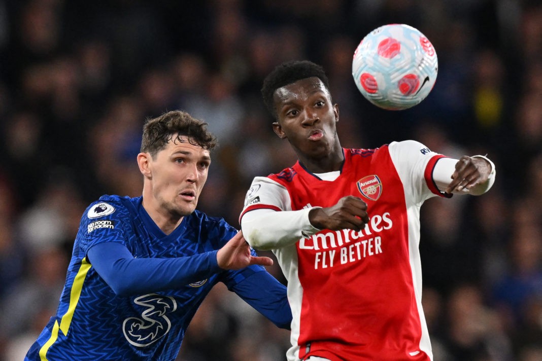 Arsenal's English striker Eddie Nketiah (R) vies with Chelsea's Danish defender Andreas Christensen (L) during the English Premier League football match between Chelsea and Arsenal at Stamford Bridge in London on April 20, 2022. (Photo by GLYN KIRK/AFP via Getty Images)