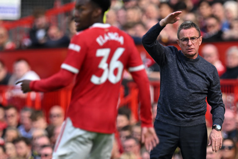 Manchester United German Interim head coach Ralf Rangnick (R) gestures on the touchline during the English Premier League football match between Manchester United and Norwich City at Old Trafford in Manchester, north west England, on April 16, 2022.(Photo by PAUL ELLIS/AFP via Getty Images)