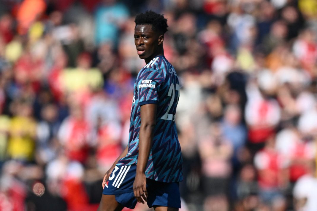 Arsenal's Belgian midfielder Albert Sambi Lokonga looks on during the English Premier League football match between Southampton and Arsenal at St Mary's Stadium in Southampton, southern England on April 16, 2022. (Photo by DANIEL LEAL/AFP via Getty Images)