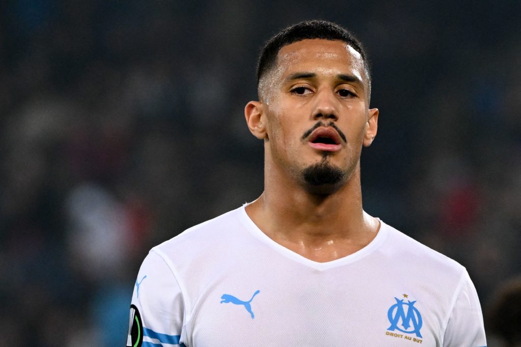 Marseille's French defender William Saliba looks on during the UEFA Europa Conference League match between Basel and Marseille (OM) at the St. Jakob-Park Stadium in Basel, northern Switzerland, on March 17, 2022. (Photo by Fabrice COFFRINI / AFP)