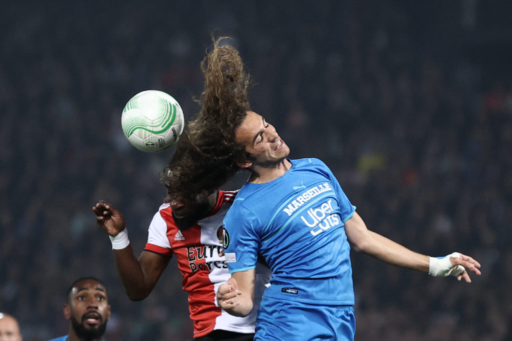 Marseille's French midfielder Matteo Guendouzi fights for the ball with Feyenoord's defender Lutsharel Geertruida during the UEFA Europa Conference League semi-final second leg football match between Feyenoord and Olympique de Marseille (OM) Feyenoord stadium de Kuip in Rotterdam,on April 28, 2022. (Photo by KENZO TRIBOUILLARD/AFP via Getty Images)