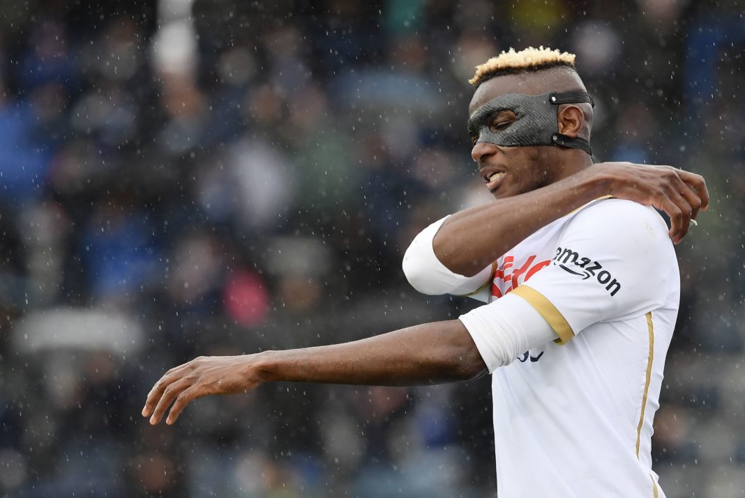 Napoli's Nigerian forward Victor Osimhen reacts during the Serie A football match between Empoli and Naoli at Castellani stadium in Empoli on April 24, 2022. - (Photo by FILIPPO MONTEFORTE / AFP)