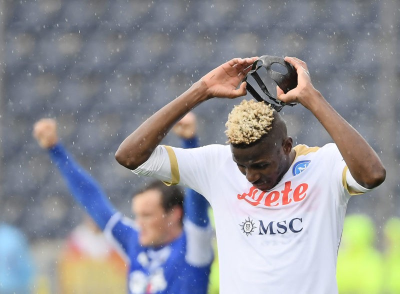Napoli's Nigerian forward Victor Osimhen reacts during the Serie A football match between Empoli and Naoli at Castellani stadium in Empoli on April 24, 2022. (Photo by FILIPPO MONTEFORTE / AFP)