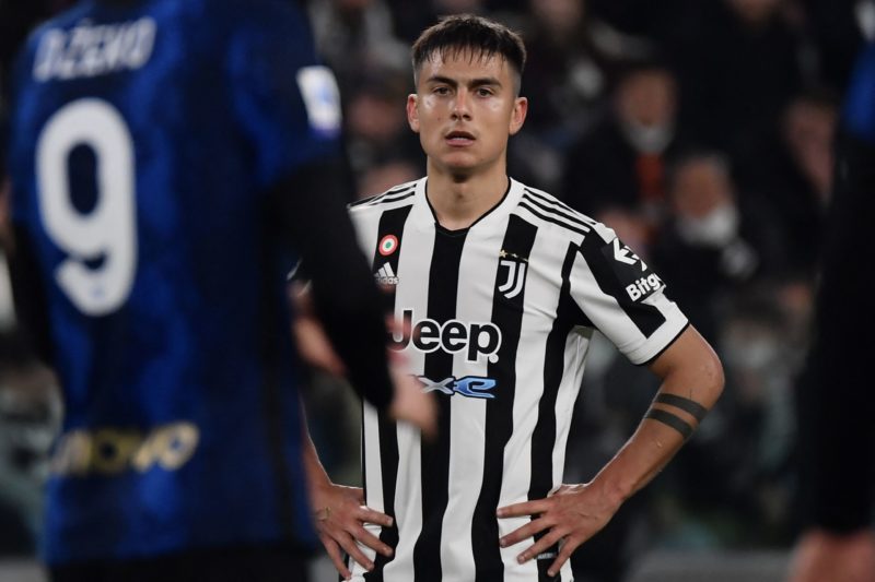 Juventus' Argentine forward Paulo Dybala reacts during the Italian Serie A football match between Juventus and Inter on April 03, 2022 at the Juventus stadium in Turin. (Photo by Filippo MONTEFORTE / AFP) (Photo by FILIPPO MONTEFORTE/AFP via Getty Images)