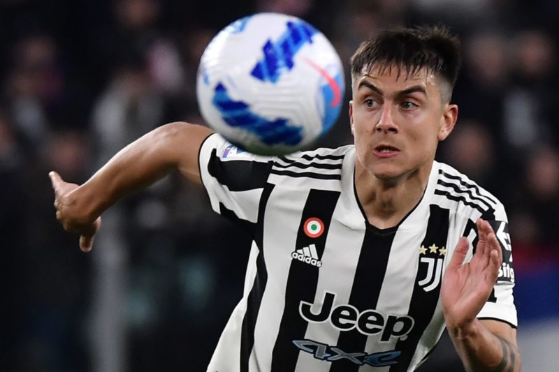Juventus' Argentine forward Paulo Dybala goes for the ball during the Italian Serie A football match between Juventus and Inter on April 03, 2022 at the Juventus stadium in Turin. (Photo by Filippo MONTEFORTE / AFP) (Photo by FILIPPO MONTEFORTE/AFP via Getty Images)