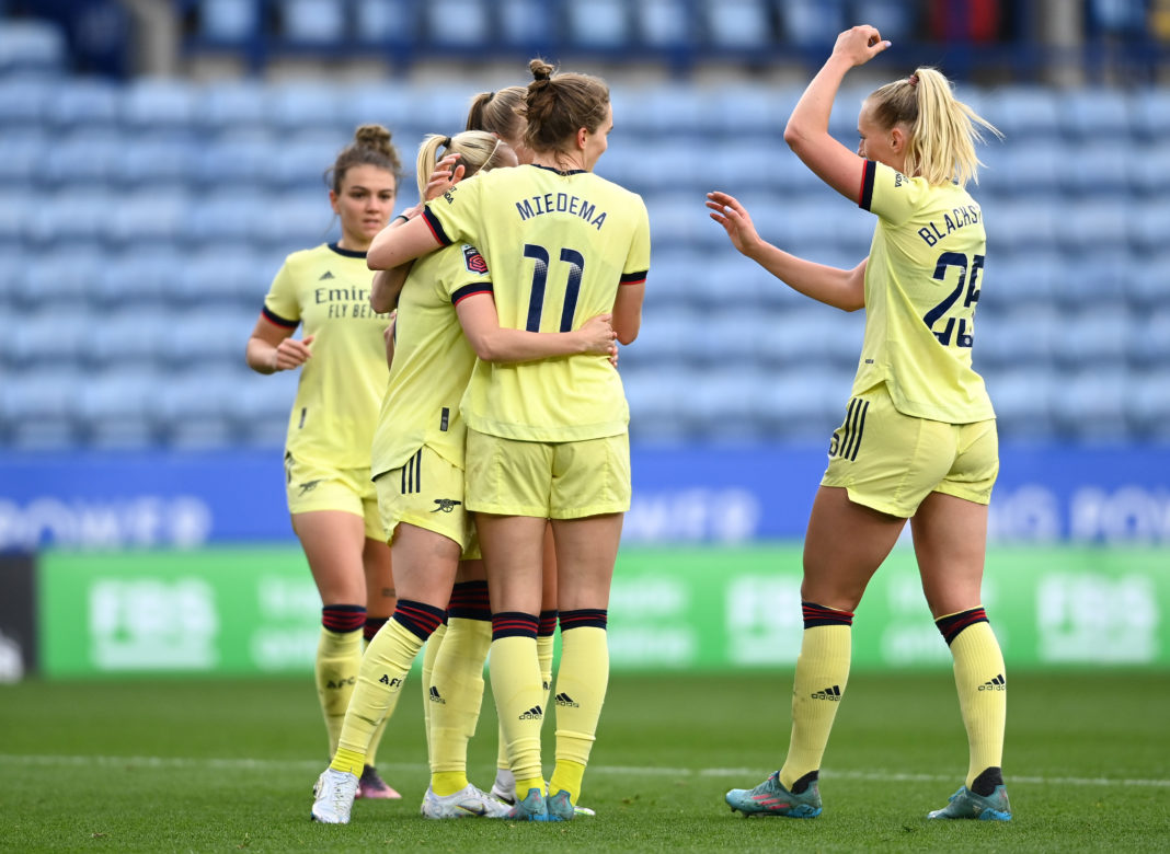 LEICESTER, ENGLAND - APRIL 03: Vivianne Miedema of Arsenal celebrates with team mates Beth Mead and Stina Blackstenius after scoring their sides second goal during the Barclays FA Women's Super League match between Leicester City Women and Arsenal Women at The King Power Stadium on April 03, 2022 in Leicester, England. (Photo by Ross Kinnaird/Getty Images)