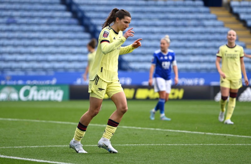 LEICESTER, ENGLAND - APRIL 03: Tobin Heath of Arsenal celebrates after scoring their sides fifth goal during the Barclays FA Women's Super League match between Leicester City Women and Arsenal Women at The King Power Stadium on April 03, 2022 in Leicester, England. (Photo by Ross Kinnaird/Getty Images)